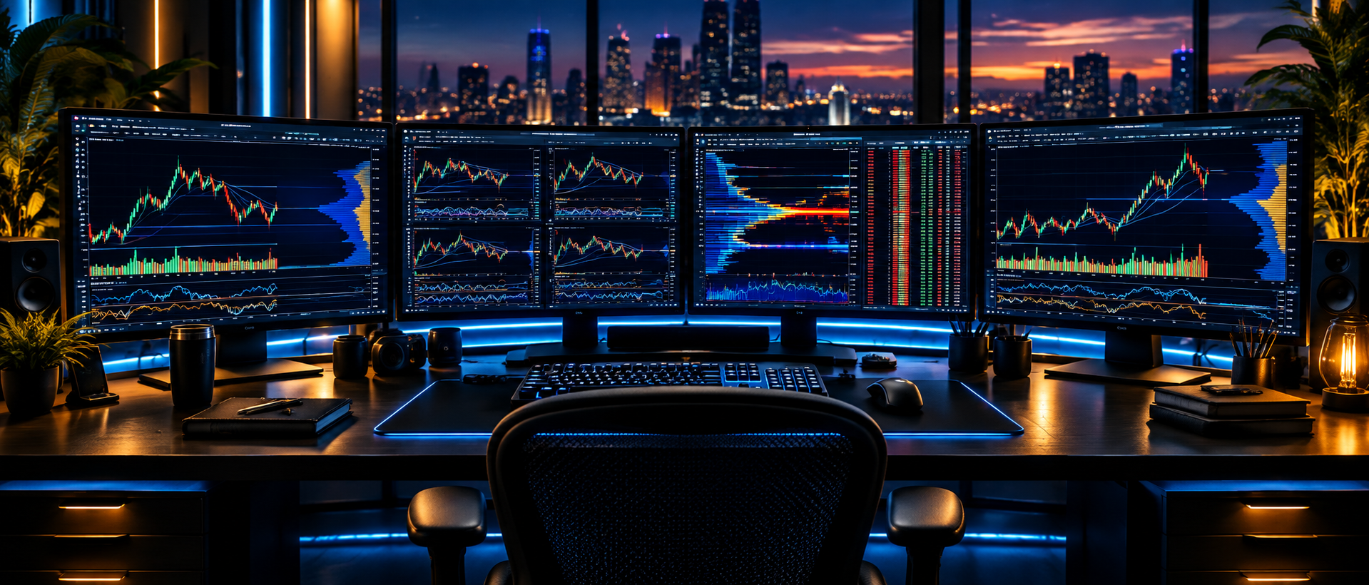 Four-monitor trading workstation with charts and ambient lighting